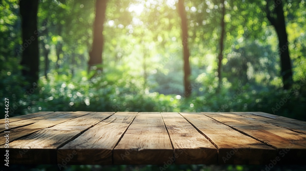 Poster empty wood table top with blur background of nature lush green forest the table giving copy space fo