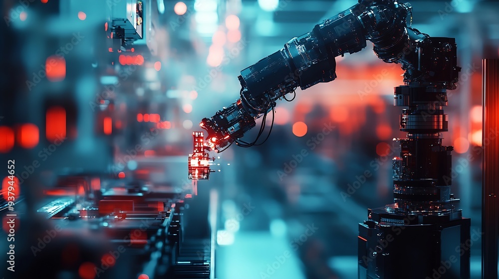 Poster MLB Mechanized industry robot arm and factory worker double exposure Concept of robotics technology for industrial revolution and automated manufacturing process : Generative AI