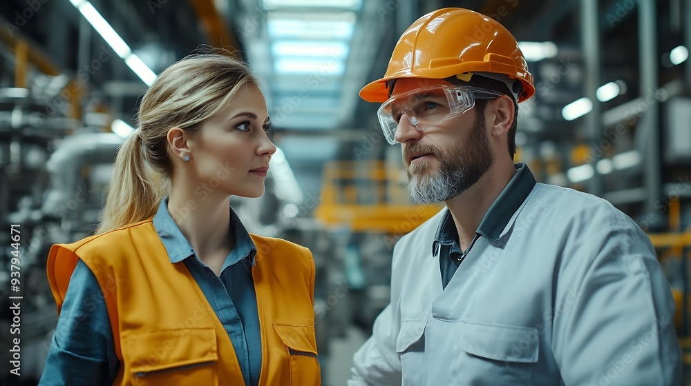 Fototapete handsome manager train female technician to work in automated production factory industrial engineer