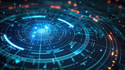 Close-up of an electronic radar screen with blue lines and dots on the map representing flying objects. The background is dark gray, creating a contrast between light and dark. Generative AI.