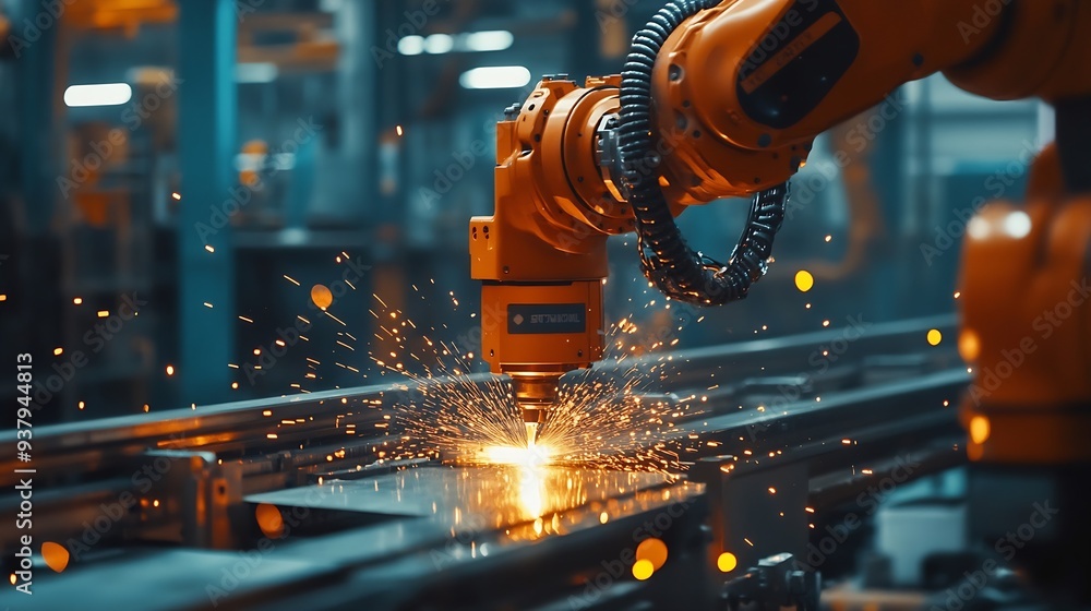 Leinwandbilder Engineers team mechanic using computer controller Robotic arm for welding steel in steel factory workshop Industry robot programming software for automated manufacturing technology : Generative AI
