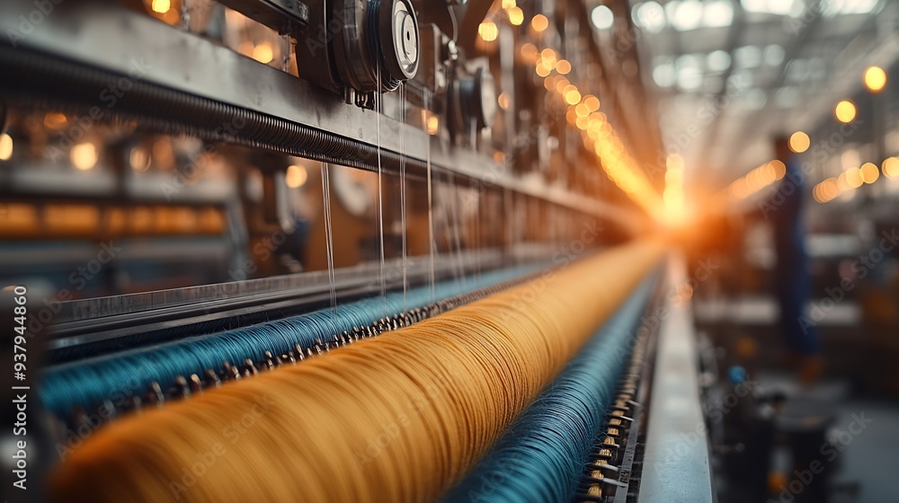 Poster textile industry machine with threads and worker in background : generative ai
