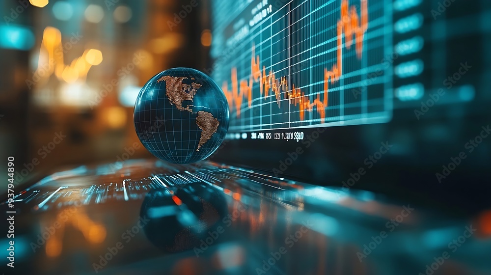 Poster Stock market graphs and data with globe in foreground : Generative AI