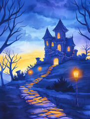 Haunted hill, spectral lights and spooky castle, Halloween landscape, watercolor illustration