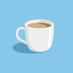 a white mug with a white handle and a blue background with a white smoke in the top right corner.