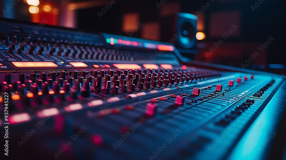 Poster empty studio at home equipped with mixing soundboard panel and other musical instruments music indus