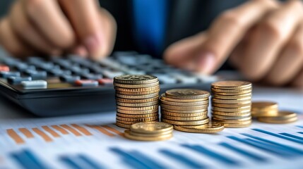 Business finance and investment currency exchange concept Accountant using calculator with coins and financial report economic graph growth finance background : Generative AI