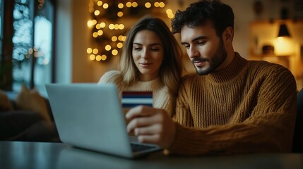 Boyfriend husband and girlfriend wife buy online on laptop with credit card at home : Generative AI