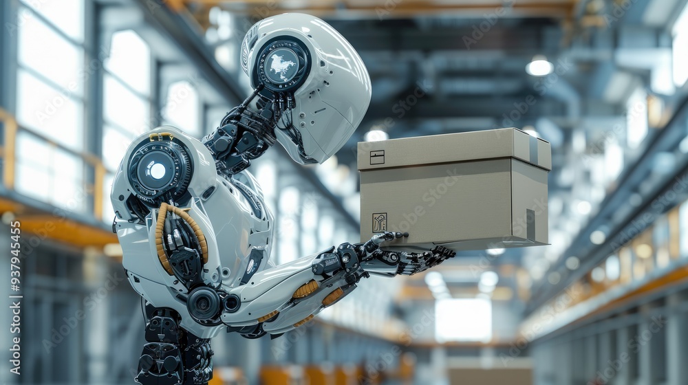 Poster An entirely logistic unloading robot arm holds a box in a hangar. Generative AI.