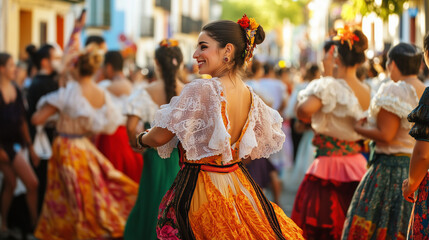 Málaga Feria Festival in Spain with people wearing traditional clothes and dancing happily
