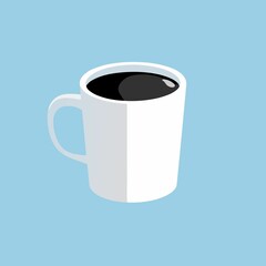 a white mug with a white handle and a blue background with a white smoke in the top right corner.