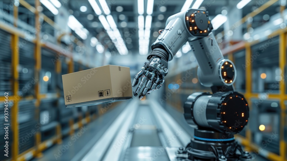 Poster An entirely logistic unloading robot arm holds a box in a hangar. Generative AI.