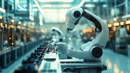 Fototapeta premium XAI Smart industry robot arms for digital factory production technology showing automation manufacturing process of the Industry 40 or 4th industrial revolution and IOT software to con : Generative AI