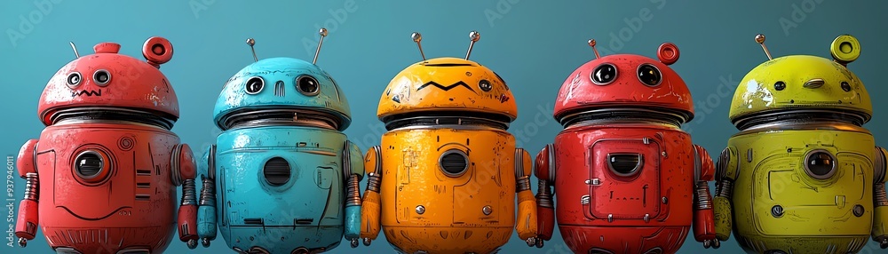 Poster colorful and playful robots lined up, showcasing unique designs and expressions, perfect for digital
