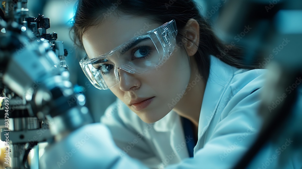 Poster Industrial engineer working on robot maintenance in AI futuristic electronic technology factory Female technician checking automated robotic machine Modern smart woman empowerment in i : Generative AI