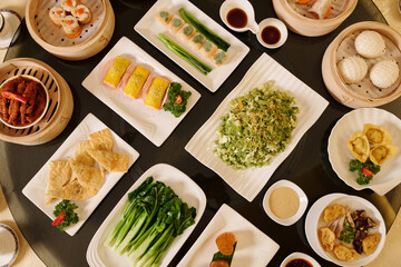 Top view of delicious meal on dining table in the restaurant