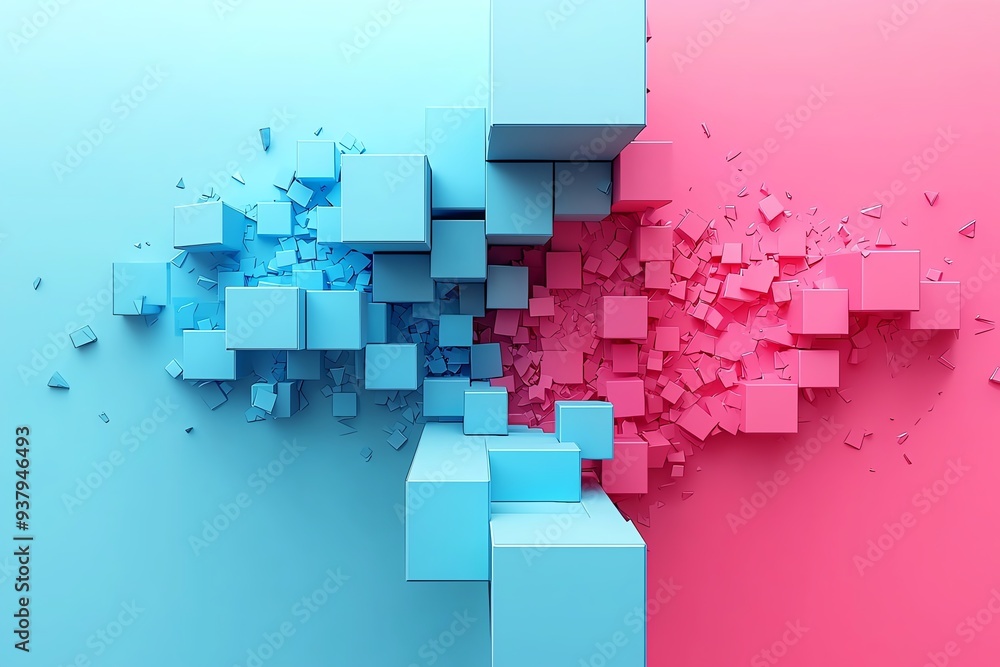 Aufkleber dynamic abstract composition of blue and pink cubes exploding in a vibrant, colorful backdrop, perfe