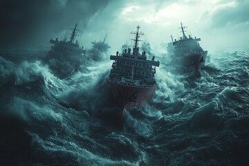 Dramatic scene of ships battling powerful waves in a stormy sea, showcasing the fury of nature and maritime struggle.