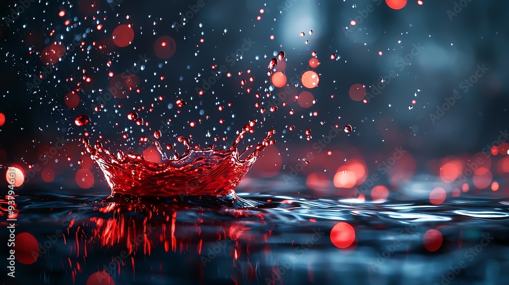 Poster dynamic splash with vivid red droplets capturing the essence of movement and color in a serene water