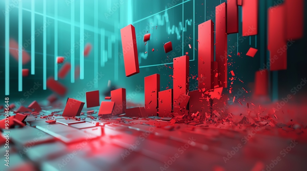 Poster dynamic visualization of market decline with red bars depicting financial loss, surrounded by digita