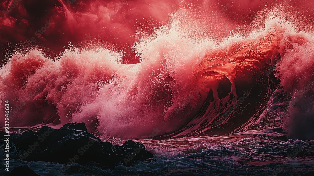 Aufkleber dynamic waves crashing against rocks, creating a dramatic scene with intense red hues and powerful o