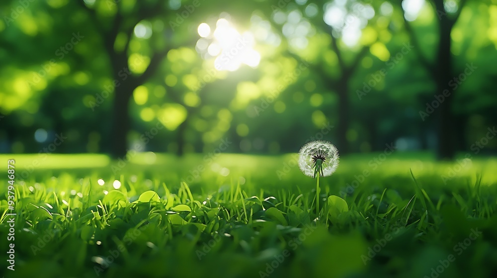 Leinwandbilder White dandelion in a green grass on a forest meadow Macro image shallow depth of field Abstract summer nature background : Generative AI