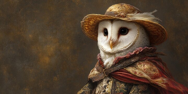 Enchanting Renaissance Owl Portrait: AI-Generated Fantasy Art for Creative Marketing. Elegant Nocturnal Bird in Historical Attire for Halloween, Party Invitations, and Graphic Design. Whimsical Animal