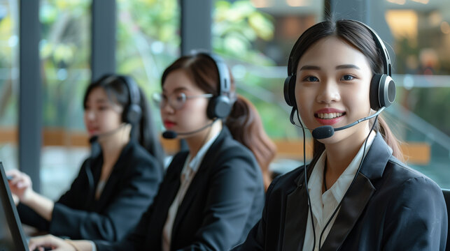 Call center office with smiling beautiful friendly woman working support customer care.
