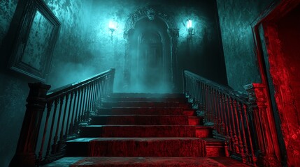 Eerie staircase leading to a mysterious, dimly lit hallway with an atmospheric glow and fog.