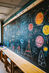 Chalkboard Drawings,  A chalkboard filled with bright chalk drawings that illustrate various educational concepts, highlighting a lively learning environment