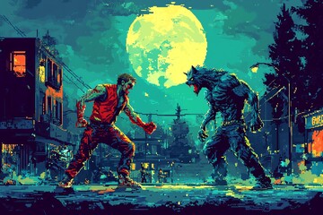 Epic battle between a warrior and a werewolf under a full moon, showcasing vivid colors and intense action.