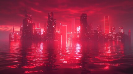 Futuristic city skyline shimmering in red hues, reflected in calm water under a dramatic sky, evoking a surreal atmosphere.