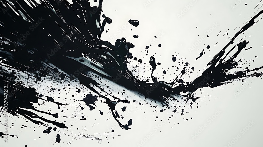 Poster abstract black ink splatter on a light background, creating a dynamic visual effect.