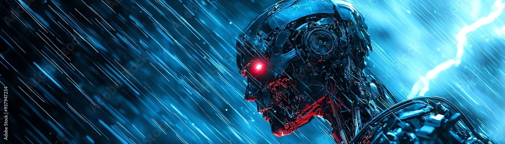 Poster futuristic robot illuminated by blue lightning, showcasing advanced technology and emotion with a st