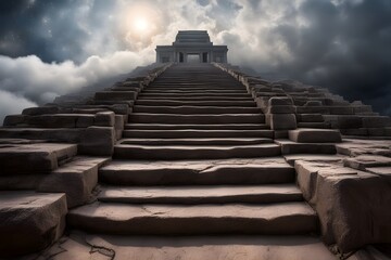 Stone steps etched with ancient symbols climbing through layers of clouds toward a celestial temple, AI Generated