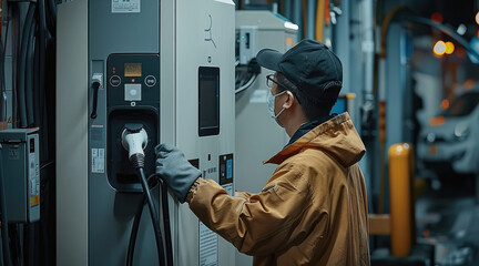 Asian worker repairing EV charger machine, minimal environment. Generative AI.