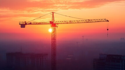 New construction site with crane and mechanical equipments on sunset daylight background construction industry : Generative AI