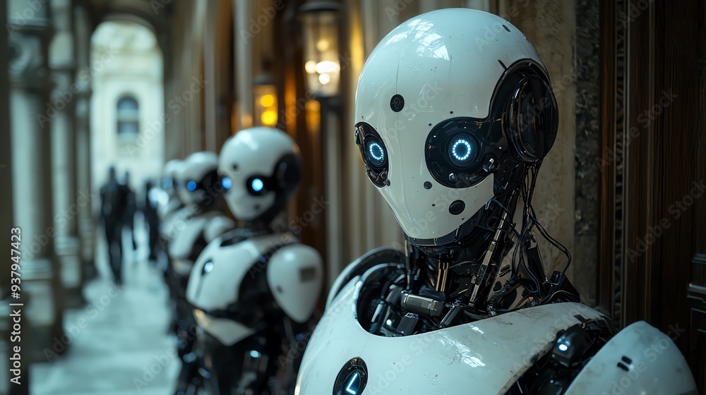 Poster futuristic robots lined up in a corridor, showcasing advanced technology and design in a modern sett