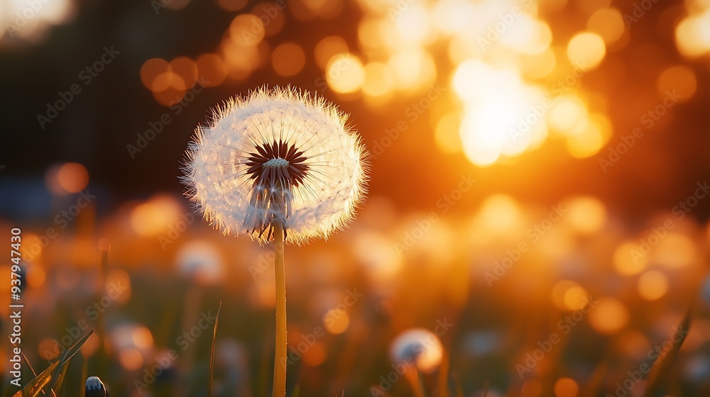 Poster big white dandelion in a forest at sunset macro image shallow depth of field abstract summer nature 