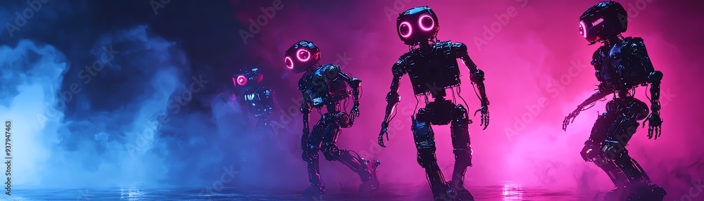 Poster futuristic robots with glowing eyes dancing in a vibrant atmosphere, surrounded by colorful smoke an