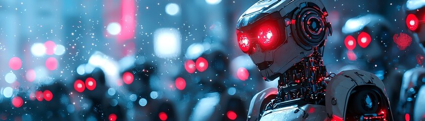 Fototapeta premium Futuristic robots with glowing red eyes stand in a digital landscape, highlighting technology and innovation in a vibrant setting.