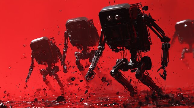 Futuristic robots advancing through a dramatic landscape, showcasing technology and creativity against a striking red backdrop.
