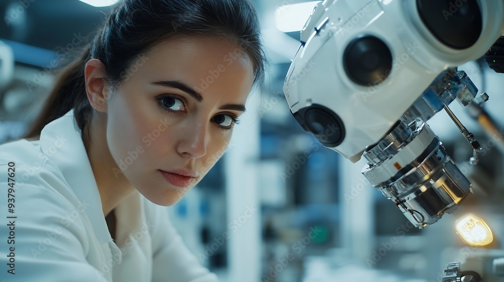 Poster industrial engineer working on robot maintenance in ai futuristic electronic technology factory fema