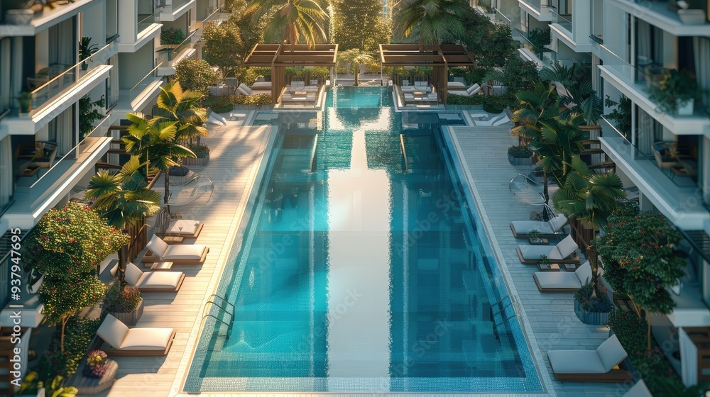 Aufkleber modern condominium with luxurious amenities like a swimming pool and gym. top down view. generative 