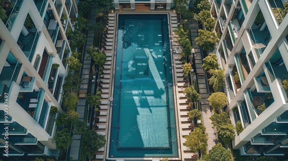 Aufkleber modern condominium with luxurious amenities like a swimming pool and gym. top down view. generative 