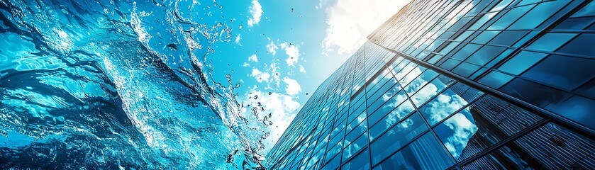 Obraz premium Modern skyscraper reflecting sunlight above blue water, showcasing architecture and nature in perfect harmony.