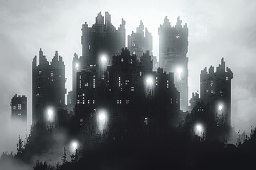 Fototapeta premium Mysterious castle shrouded in fog, illuminated by glowing lights, creates an eerie atmosphere in a dark fantasy landscape.