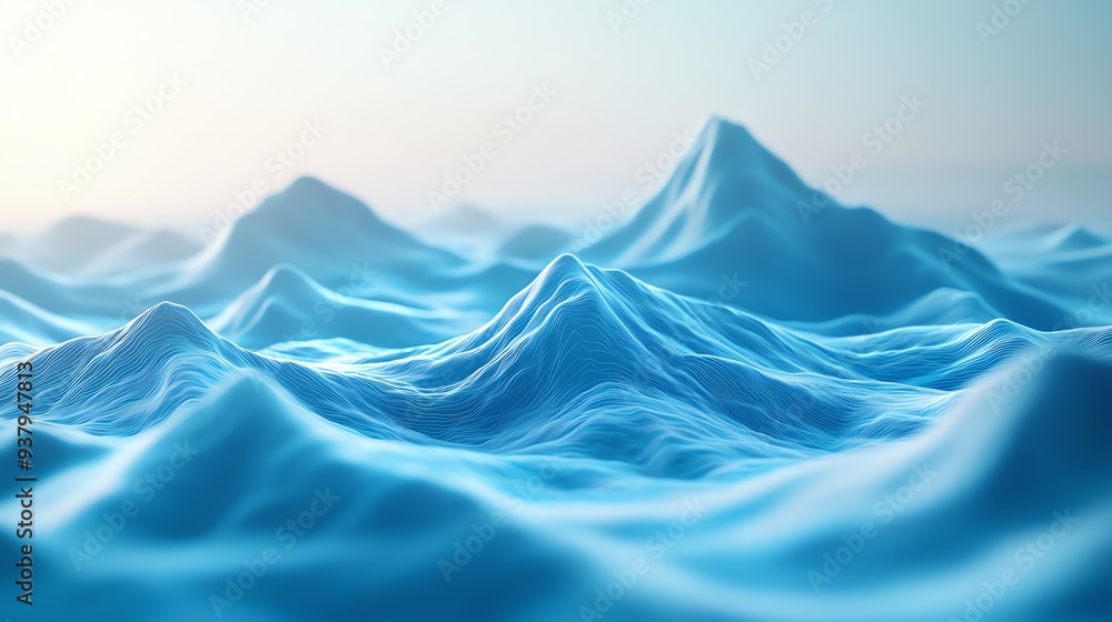 Poster serene blue landscape featuring soft waves rising gently under a subtle light, creating a tranquil a