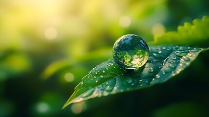 Water drop and leaf with earth for sustainability and awareness of climate change nature and environment Globe plant and droplet on blade of grass for eco friendly future and clean ene : Generative AI
