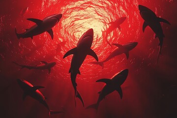 Silhouettes of sharks swimming in a dramatic red ocean light, creating a striking underwater scene that captures marine energy.